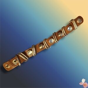 Vintage Leather Rhinestone Cuff Bracelet | Gold Hardware Snap #250